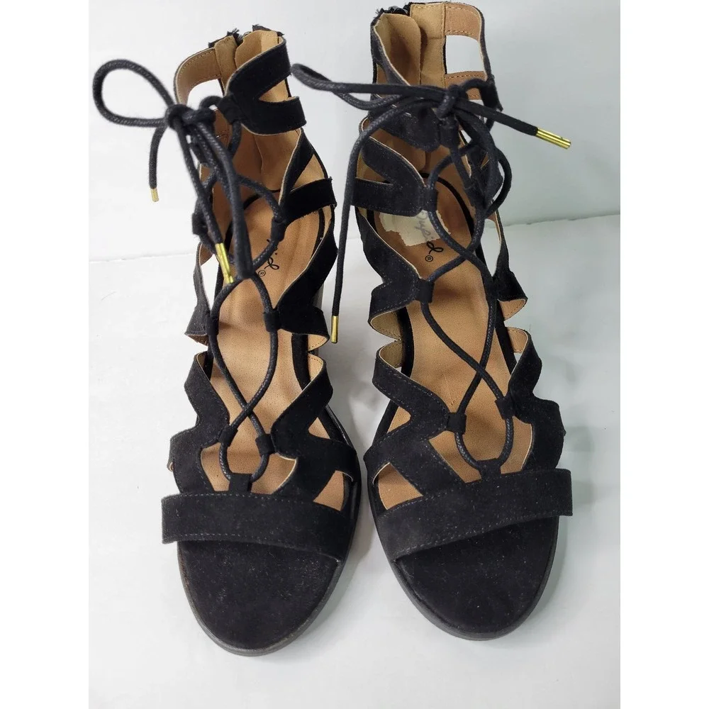 Qupid Womens Black Faux Suede Lace Up Gladiator Wedge Sandals Size 8.5